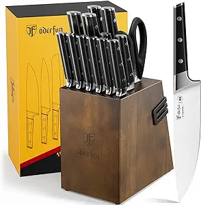 Kitchen Knife Set with Block, 15PCS High Carbon Stainless Steel Knife Block Set with Sharpener, Razor Sharp Knives Sets for Kitchen, Professional Chef Knives Set with Gift Box