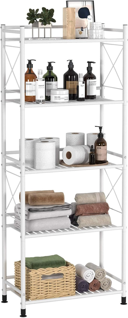 TZAMLI 5 Tier Shelving Unit, Metal Shelves Bathroom Storage Organizer, Free-Standing Heavy Duty Storage Rack Shelf for Kitchen Pantry Laundry, White