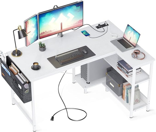 ODK 48 Inch Small L Shaped Computer Desk with Power Outlets, Corner Desk with PC Stand & Reversible Storage Shelves for Small Space Home Office Workstation, Modern Simple Writing Study Table, White