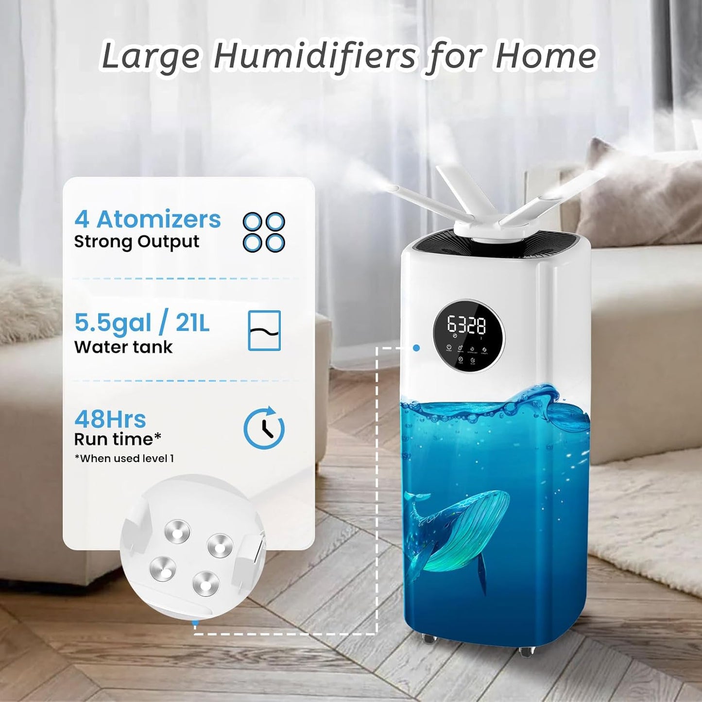 Humidifiers for Home Large Room 2000 sq.ft, 21L/5.5Gal Whole House Ultrasonic Cool Mist Large Humidifier with Extension Tube, Top Fill Humidifier with 360°Nozzles for Commercial Greenhouse