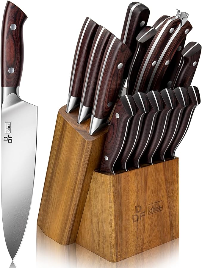 DDF iohEF Kitchen Knife Set, 16-Piece Knife Sets for Kitchen with Block Japanese Stainless Steel Knives Set with Sharpener Ultra Sharp Professional Chef Knife Set with Ergonomic Handle for Cutting