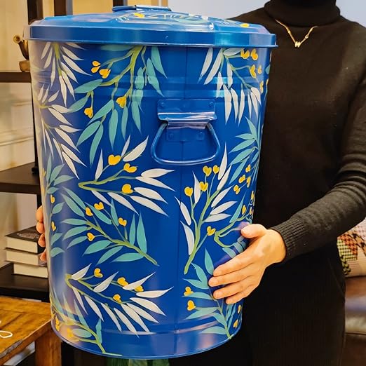 Hand Painted Metal Trash Can with Lid Recycling Canister Storage Organization Decorative Garbage Can Waste Bin for Kitchen Living Room Home Patio Yard Home Decor 10 Gallons