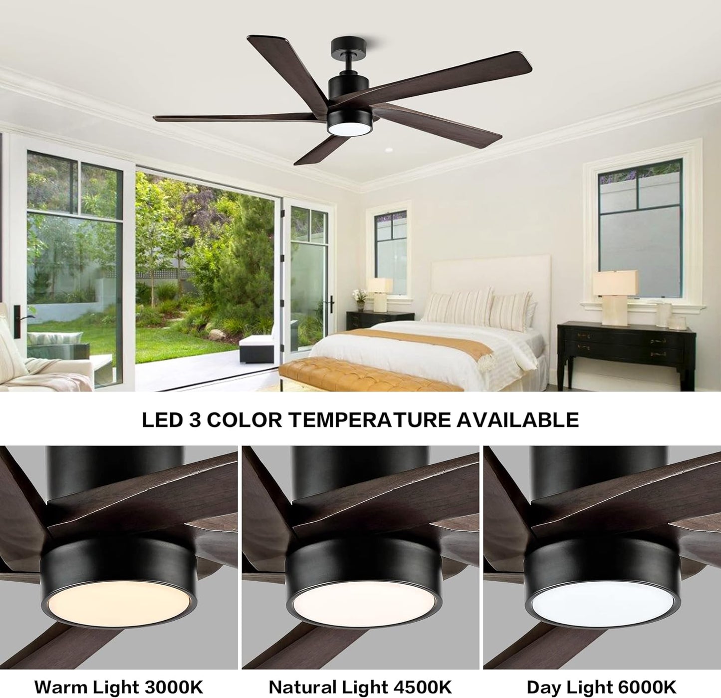 WINGBO 64 Inch DC Ceiling Fan with Lights and Remote Control, 5 Reversible Carved Wood Blades, 6-Speed Noiseless DC Motor, Modern Ceiling Fan in Matte Black Finish with Walnut Blades, ETL Listed