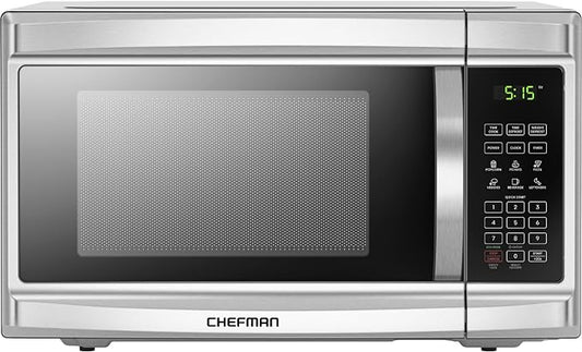 Chefman Countertop Microwave Oven, 1.3 Cu. Ft. Digital, Stainless Steel, 1000 Watts, with 6 Auto Menus, 10 Power Levels, Eco Mode, Memory, Mute Function, Child Safety Lock, Easy Clean Microwave Ovens