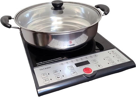 TAYAMA Single Burner 8 in. Black Ceramic Glass Hot Plate Induction Cooktop with Shabu Cooking Pot