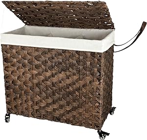 Wicker Laundry Basket with Lid, 39.6 Gallon(150L) Laundry Hamper with Wheels, 3 Section Laundry Hamper, Rolling Laundry Basket, Removable Liner, Laundry Room, 27.6x14.2x26 Inches, Brown