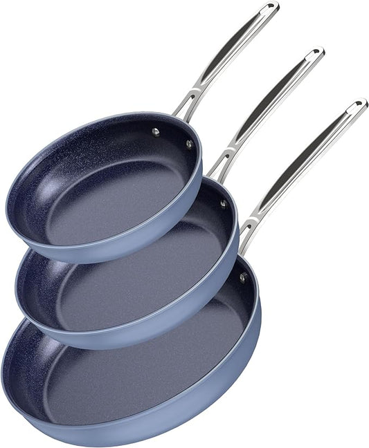 Nuwave 3-Piece 8”, 10”, 12” Forged Lightweight Frying Pan Set, G10 Healthy Duralon Blue Ceramic Ultra Non-Stick, Ergonomic Stay-Cool Handles, Induction-Ready & Works on All Cooktops