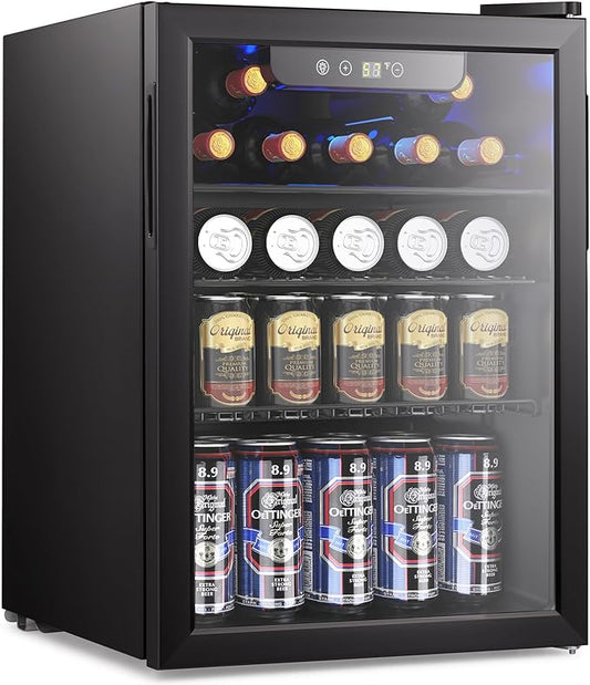 Joy Pebble Beverage Refrigerator Cooler,95 Can Mini Fridge with Glass Door for Beer Soda Wine, Small Drink Fridge with Adjustable Thermostat, Beverage Fridge for Bar Home Office,2.6Cu.Ft