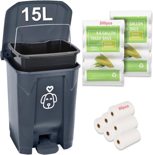 Outdoors Dog Poop Trash Can with Lid & 290PCS Biodegradable Waste Bags, Cute Dog Waste Trash Can for Dog Poop, Yard, Home, Garden, Kitchen, 15 Litre Grey Step with Removable Inner Bin, AG