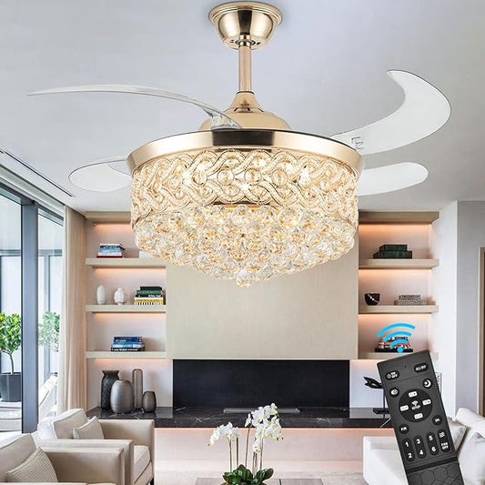 42" Ceiling Fans with Lights and Remote, Modern Retractable Invisible Chandelier Ceiling Fan Light with 4 Retractable ABS Blades for Bedroom Living Room Dining Room Decoration