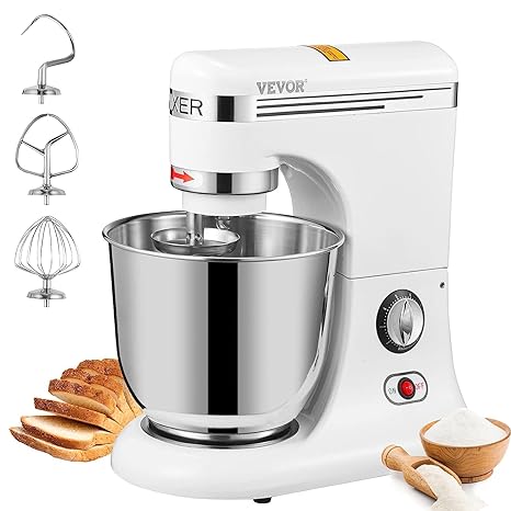 VEVOR All Metal Stand Mixer, 600W Electric Dough Mixer with 11 Speeds, Tilt-Head Food Mixer with 7.4 Qt Stainless Steel Bowl, Dough Hook, Flat Beater, Whisk, Scraper, Splash-Proof Cover - White