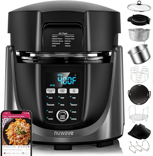 Nuwave Duet Air Fryer, Electric Pressure Cooker & Grill Combo, 540 IN 1 Multicooker with 3 Removable Lids that Slow Cook, Sears, Sautés, 18/10 SS Pot, Sure-Lock Safety Tech & 10 Deluxe Accessories