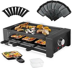 TAMARIT Raclette Party Grill Portable Indoor Electric Korean BBQ Grill 2 in 1 Raclette Table Grill with Ceramic Nonstick Coating Grill Plate 4 Pizza Pans 8 Cheese Trays Upper & Lower Heater, PFAS-Free