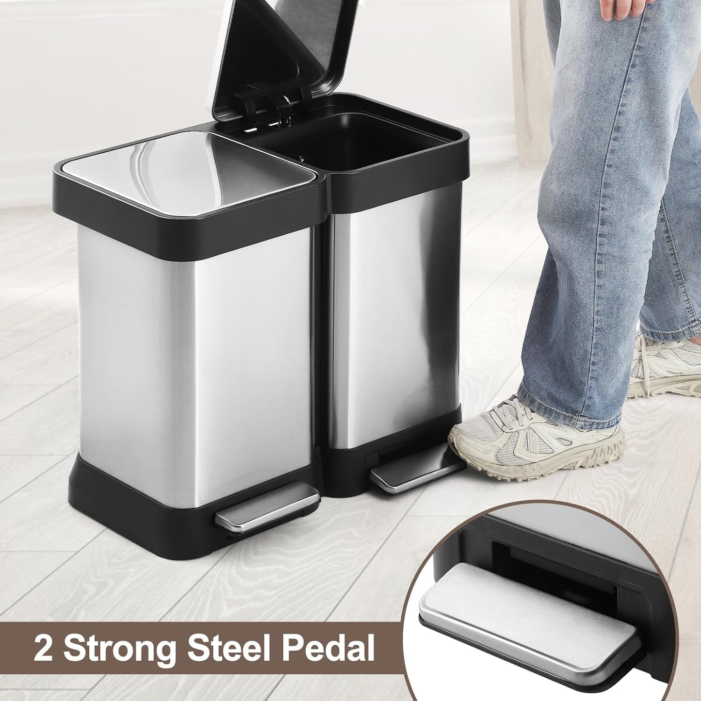 10 Gallon Dual Trash and Recycling Bin, 40L(2x20L) Fingerprint Proof Stainless Steel Kitchen Garbage Can with Double Lid, Hands-Free Step Rubbish Bin without Inner Bucket for Kitchen Home Office