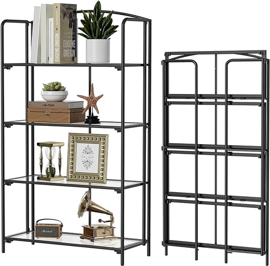 No Assembly Folding Bookshelf for Living Room, 4 Tier Black Collapsible Book Shelf for Home Office, Portable Bookcase Storage Organizer