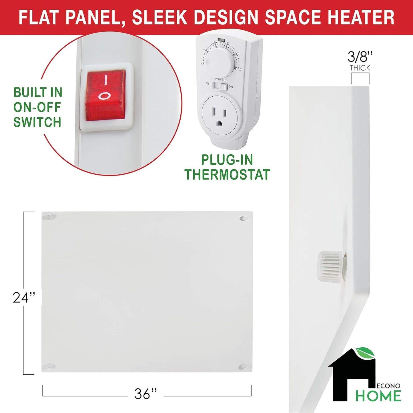 EconoHome Wall Mount Space Heater Panel - with Thermostat - 600 Watt Convection Heater - Ideal for 200 Sq Ft Room - 120V Electric Heater