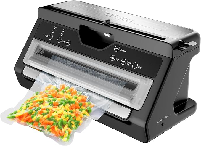 GERYON Vacuum Sealer - Deluxe Food Sealer Machine with Built-in Bag Cutter and Roll Storage, Strong Suction for Food Preservation Saver, Dry Moist Food Mode - Starter Kit with Vacuum Seal Bags & Roll