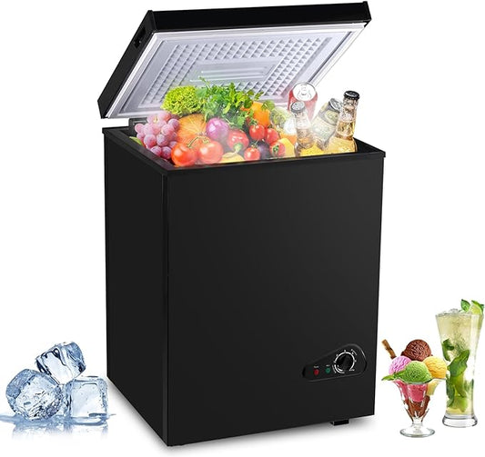 FLG-80Q 3.5 Cu.Ft Chest Removable Basket 7 Gears Adjustable Temperature Control(-18°F to-46°F), Deep Compact Freezer for Garage, Office, Basement, House, Kitchen, Shop, RVs-Black