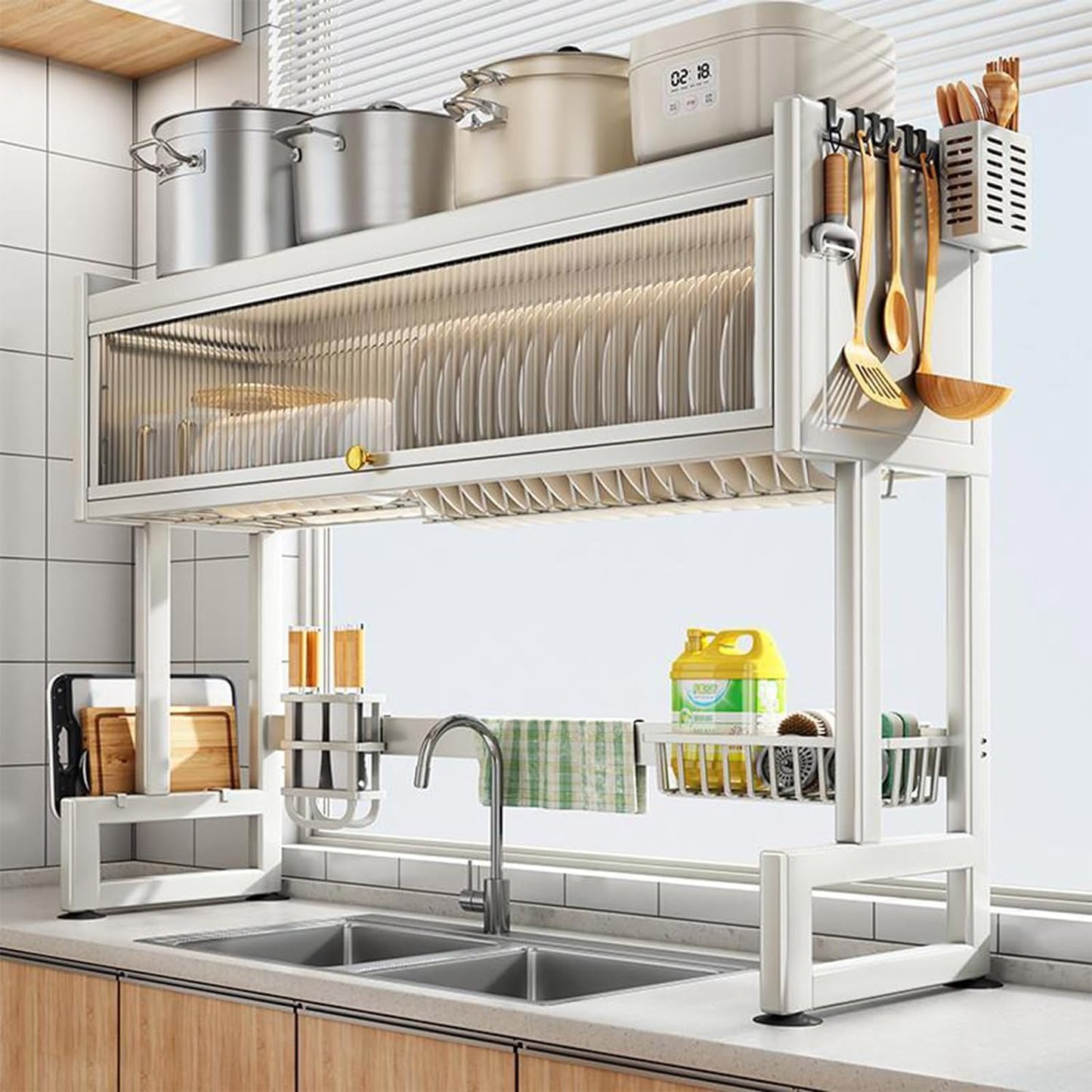 Over the Sink Dish Drainer Drying Rack 3 Tier Over Sink Dish rack for a Tidy Kitchen Sink Shelf Organized Space-Saving Dish Rack with Cover for Dishes, Glasses, Bowls, and Cutlery (Milkshake White)