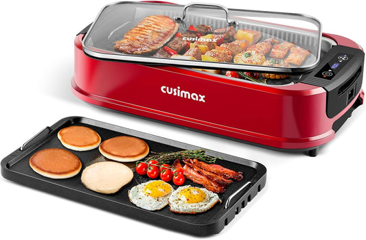 CUSIMAX Smokeless Indoor Grill, Electric Grill Griddle, 1500W Korean BBQ Grill with LED Smart Display & Tempered Glass Lid, Non-stick Removable Grill Plate & Griddle Plate, Red