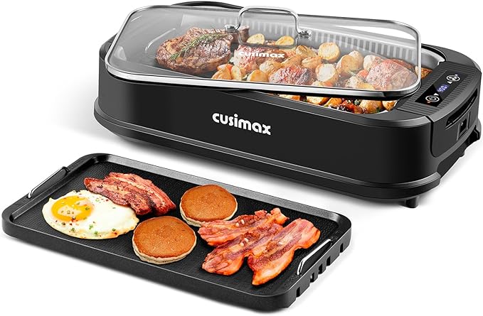 CUSIMAX Indoor Grill, Electric Smokeless Grill, 1500W Korean BBQ Grill, Electric Grill Griddle with LED Smart Display & Tempered Glass Lid, Non-stick Removable Grill Plate & Griddle Plate, Black