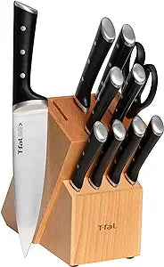 T-fal Ice Force Stainless Steel Kitchen Knife Set and Wood Block, 11 Piece, Long Lasting Sharpness, High Cutting Precision, German Stainless Steel, Cook Tool, Kitchen Tool, Black