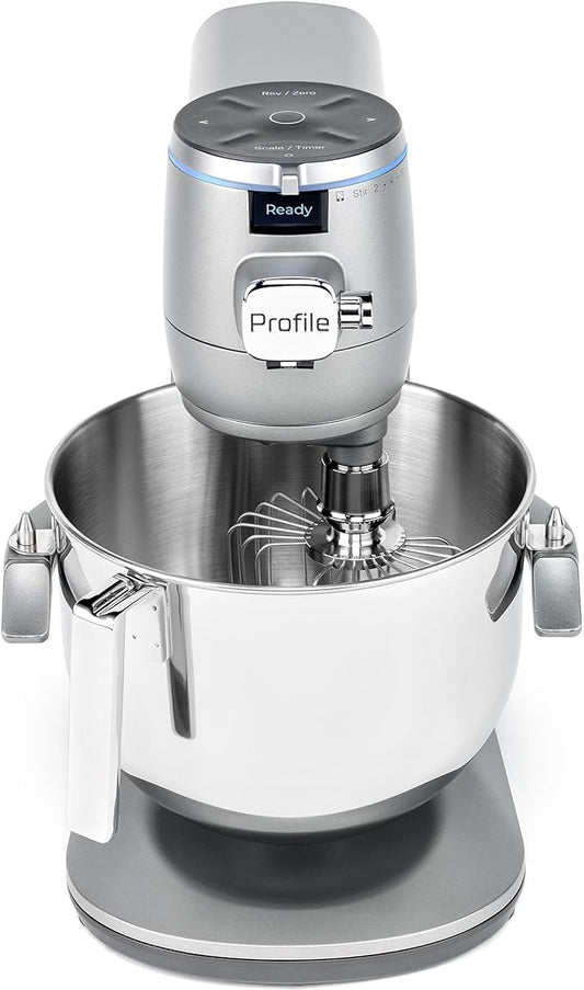 GE Profile Smart Stand Mixer w/Built-In Smart Scale & Auto Sense Technology, 7qt Stainless Steel Bowl, 11 Speed l Dough Hook, Beater, 11-wire whip l works w/Amazon Alexa & Google Home l Mineral Silver