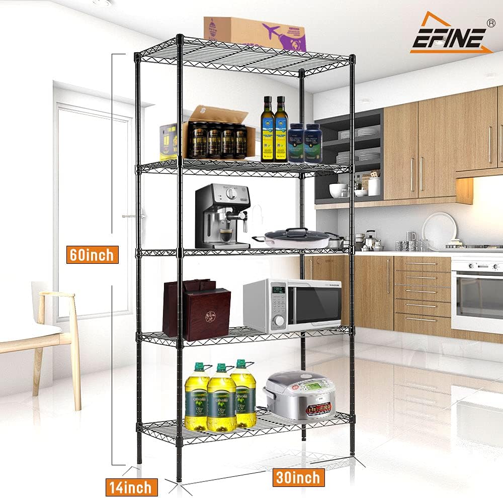 EFINE 5-Shelf Shelving Unit with Shelf Liners Set of 5, Adjustable, Steel Wire Shelves, 150lbs Loading Capacity Per Shelf and Storage for Kitchen and Garage (30W x 14D x 60H) Black