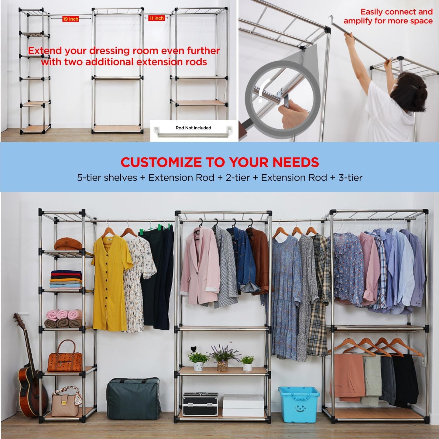 Premium Stainless Steel Freestanding Closet Organizer System - Easy Assembly, Durable, and Versatile - Heavy Duty Adjustable Portable Wardrobe Clothing Rack (Set B)