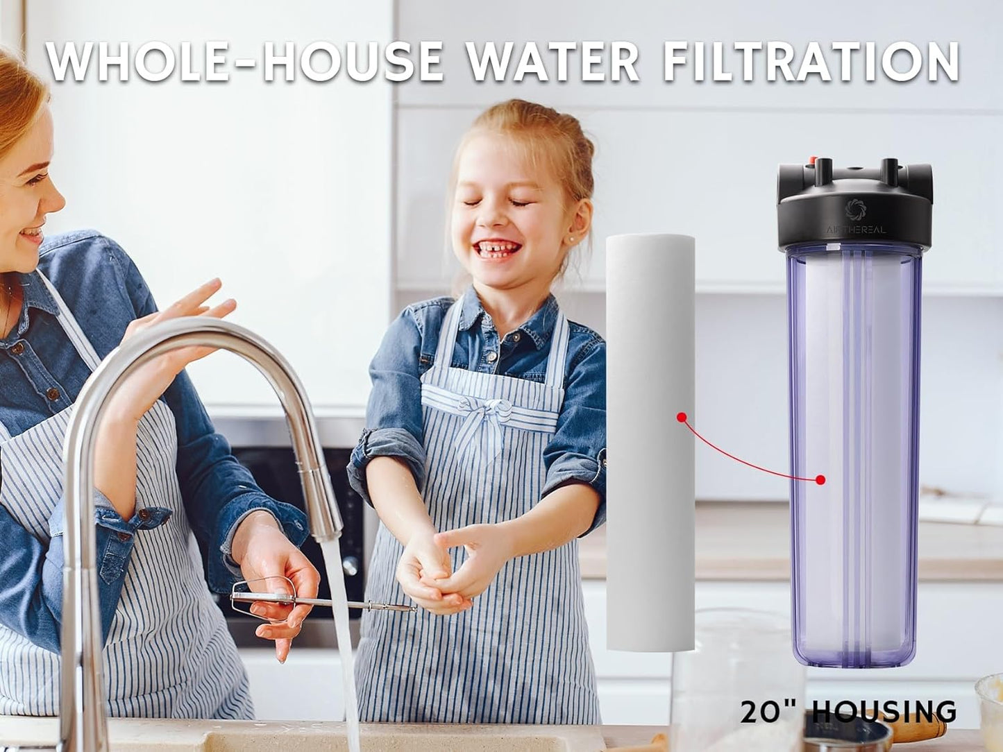 Airthereal Whole House Water Filter Housing, 20" x 4.5" Sediment Carbon Cartridge Universal Housing, Pre-Filtration System for Well and City Water, Clear Housing Include 1-Pack PP Filter