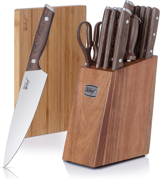 Deco Chef 16 Piece Kitchen Knife Set Stainless Steel with Wood Handles, 8" Chef Knife, 6.5" Cleaver, 8" Bread Knife, 8" Slicing Knife, 4.5" Paring Knife, 6pcs Steak Knives, Kitchen Shears, and more