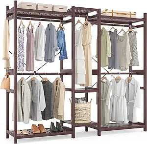 Homykic Large Bamboo Closet System Clothes Rack, Freestanding Garment Rakc with 5 Hanging Rods, 7 Open Shelves, 70”W x 77”H x 18" D, Lightweight, Easy Assembly, Espresso