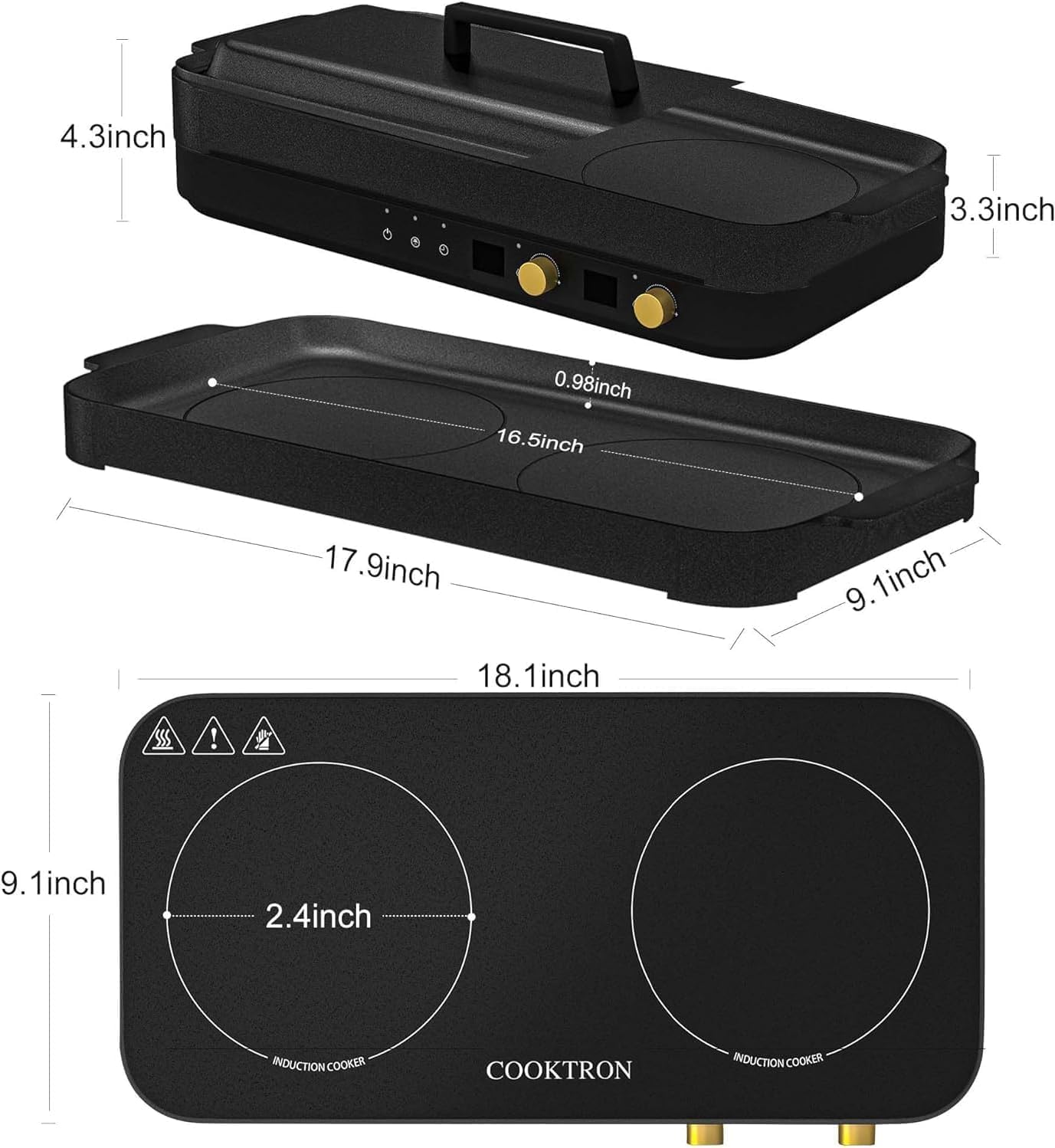 Induction Cooktop 2 Burner with Removable Iron Cast Griddle Pan Non-stick, Portable 1800W Double Induction Cooktop with Child Safety Lock & Time, Great for Family Party