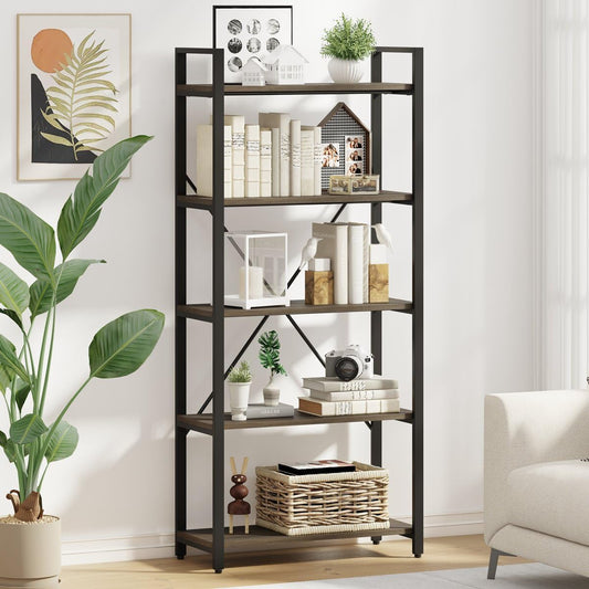 FATORRI 5 Tier Industrial Bookshelf, Rustic Etagere Bookcase for Display, Vintage Shelving Unit Wood and Metal Tall Book Shelves for Home Office (Walnut Brown)