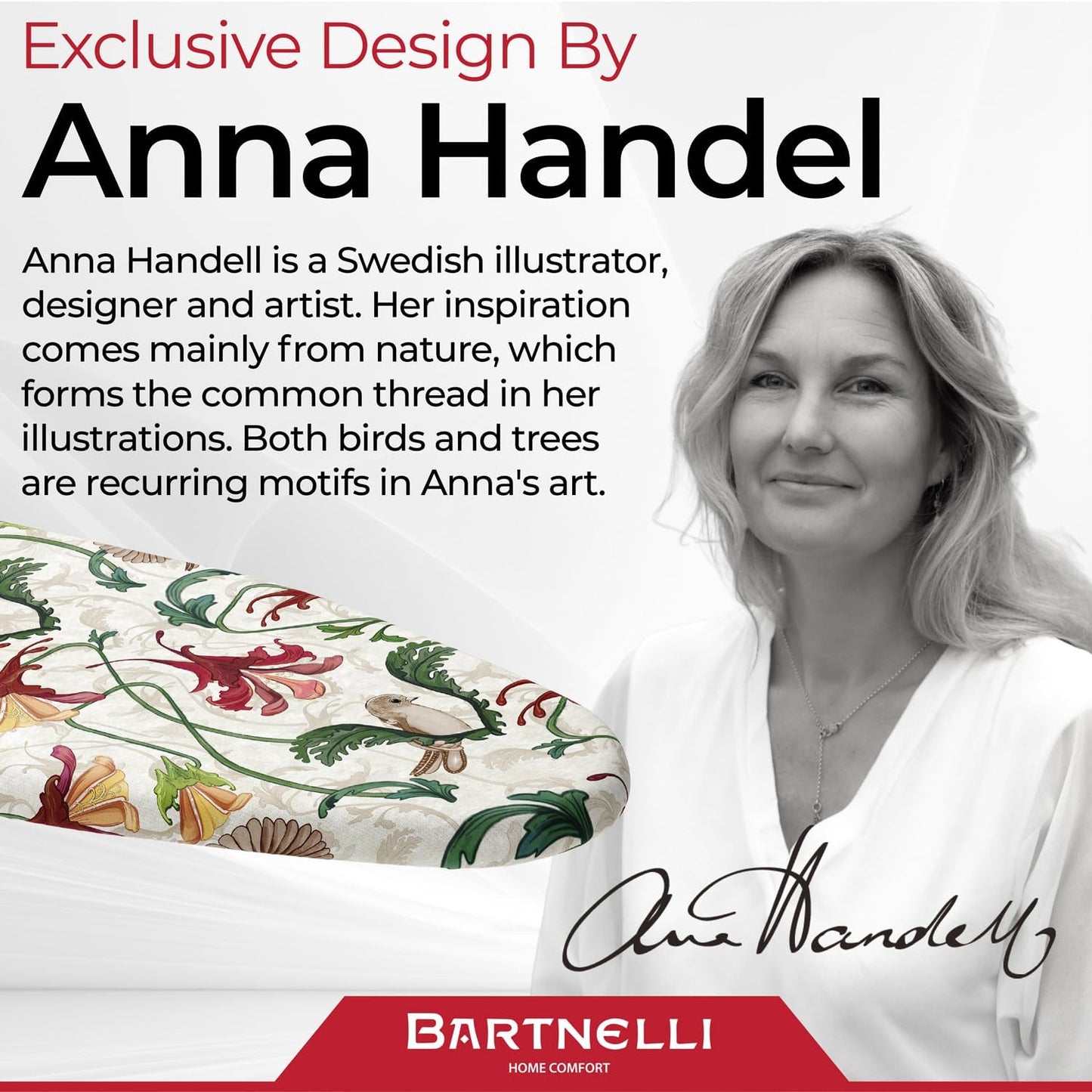 Bartnelli Ironing Board | Vintage Design by Anna Handel, Comfortable Ironing with Thick Padding & Eco-Friendly Cover | 13x43 Space-Saving with Smart Folding & Hanging, Effortless Ironing, White