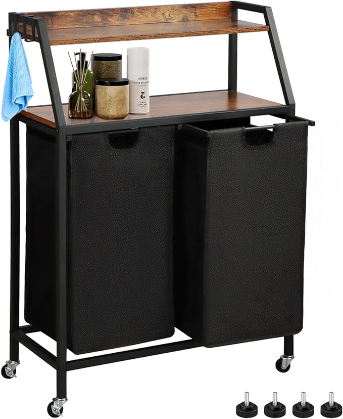 Laundry Hamper, Laundry Sorter 2 Section, Rolling Laundry Basket with Wheels, 2 Shelves, 2 × 14.3 Gal, Pull-Out and Removable Laundry Bags, for Laundry Room, Black and Rustic Brown