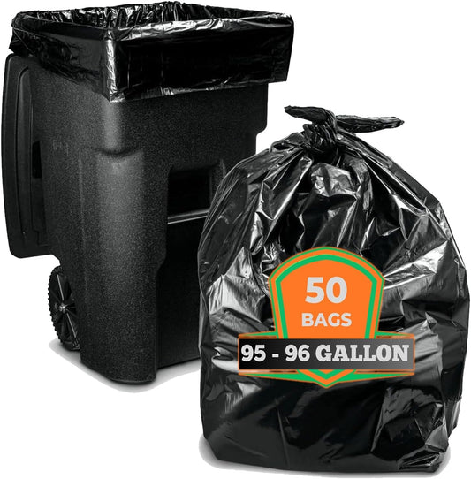 95-96 Gallon Trash Bags (50/Bags w/Ties, Wholesale) Large Black Heavy Duty Can Liners, Large 90 Gal, 95 Gal, 96 Gal,100 Gallon Garbage Bags, (Black)