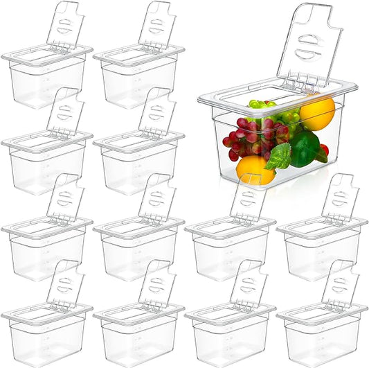 12 Pack 1/4 Size 6'' Deep Polycarbonate Food Pan with Lid Clear Stackable Plastic Pan Restaurant Food Storage Containers with Hinged Lids for Hotel Supplies