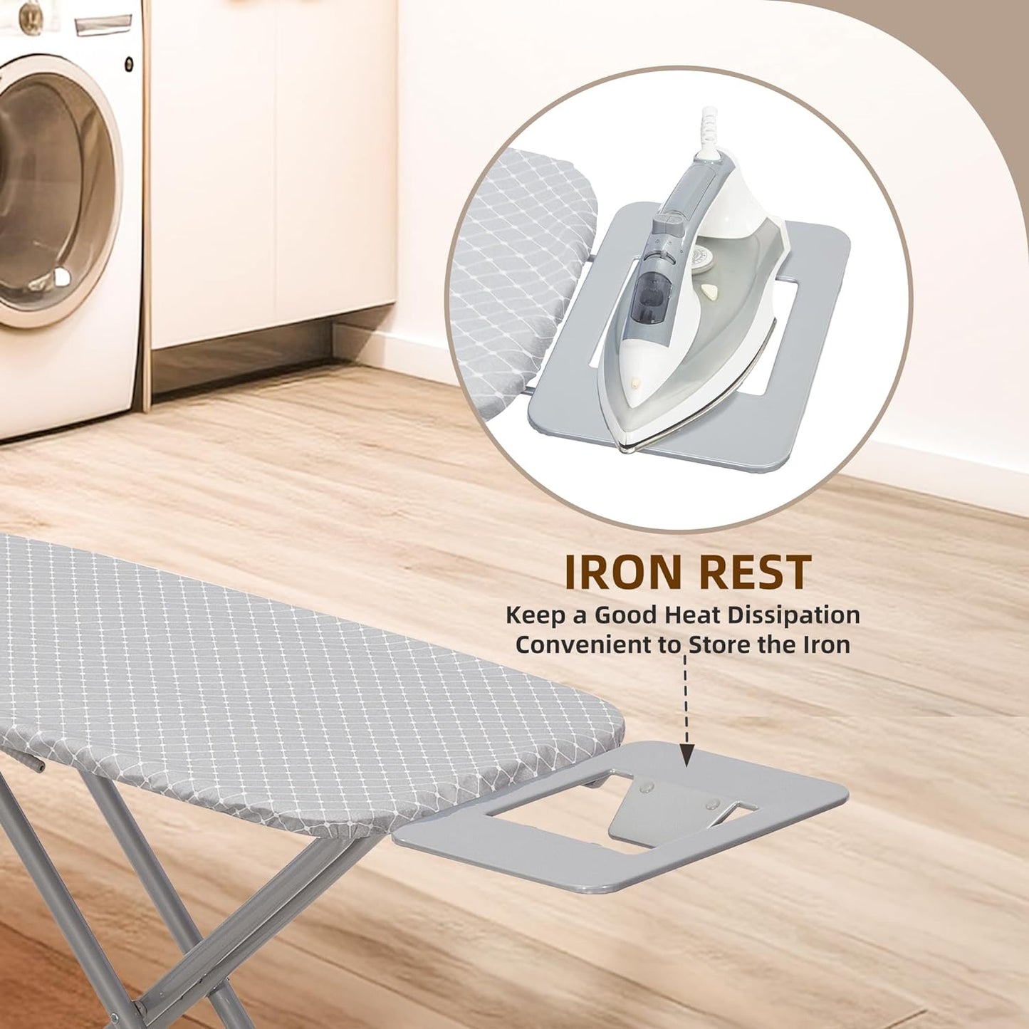 Ironing Board 48" x 15" with Iron Holder, 7 Height Options Up to 36", Full Size Foldable Iron Board with Removable Covers and Reinforced Steel Legs, Gray Checkered