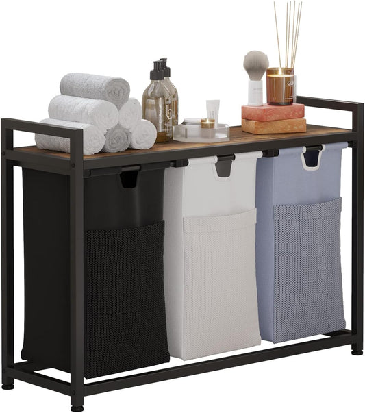 Laundry Basket Three Laundry Hamper with Removable Bags, Fabric Handles, Large Top Shelf and Laundry Bag for Bathroom, Dorm, Laundry Room