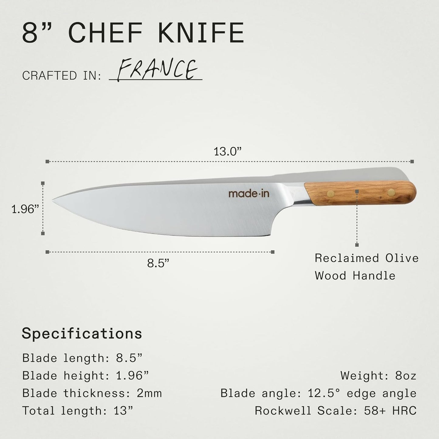 Made In Cookware - 8" Chef Knife - Crafted in France - Full Tang With Olive Wood Handle