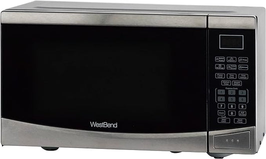 West Bend WBMW92S Microwave Oven 900-Watts Compact with 6 Pre Cooking Settings, Speed Defrost, Electronic Control Panel and Glass Turntable, Metallic