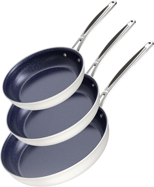 Nuwave 3-Piece 8”, 10”, 12” Forged Lightweight Frying Pan Set, G10 Healthy Duralon Blue Ceramic Ultra Non-Stick, Ergonomic Stay-Cool Handles, Induction-Ready & Works on All Cooktops