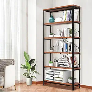 Himimi 6 Tier Industrial Bookshelf, Vintage Standing Storage Shelf, Display Shelving Units, Tall Bookcase, Industrial Metal Book Shelves for Living Room Bedroom and Home Office