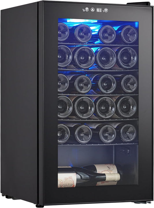 Wine Fridge 24 Bottle, Wine Cooler Refrigerator with 40~61°F Digital Temperature Control, Freestanding Wine Cellar for Red White Wine, Champagne, Beer with Blue Interior Light