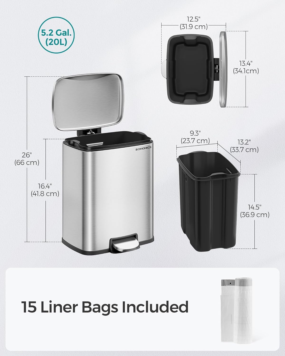 SONGMICS Trash Can, Garbage Can with Lid, 5.2-Gallon (20L) Step Trash Bin for Kitchen, Stainless Steel, Soft Close and Stays Open, Inner Bucket, Includes 15 Trash Bags, Silver ULTB543E01