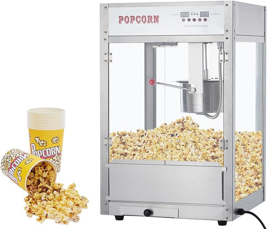 12 OZ Large Commercial Popcorn Machine, [3 Mins Get 60 Cups] [Temperature Control] [Digital Display] Popcorn Maker Machine with 10 PACK Popcorn Buckets, Old Fashion Movie Theater Style Sliver