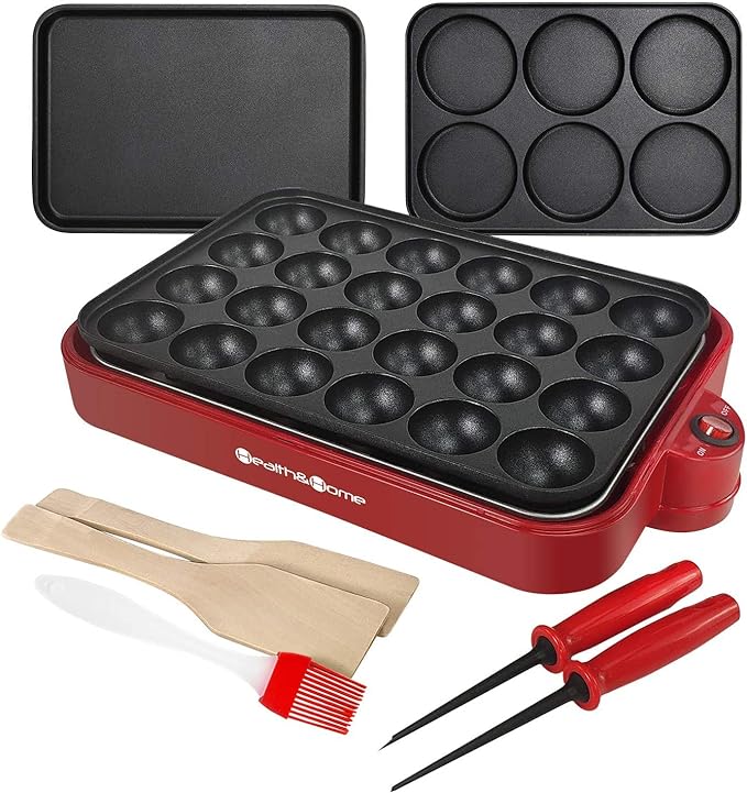 Multifunction Nonstick Baking Maker with 3 Interchangeable Plates for Fried Eggs/ Steak, Takoyaki, Cake Pops, Grill, RED-1