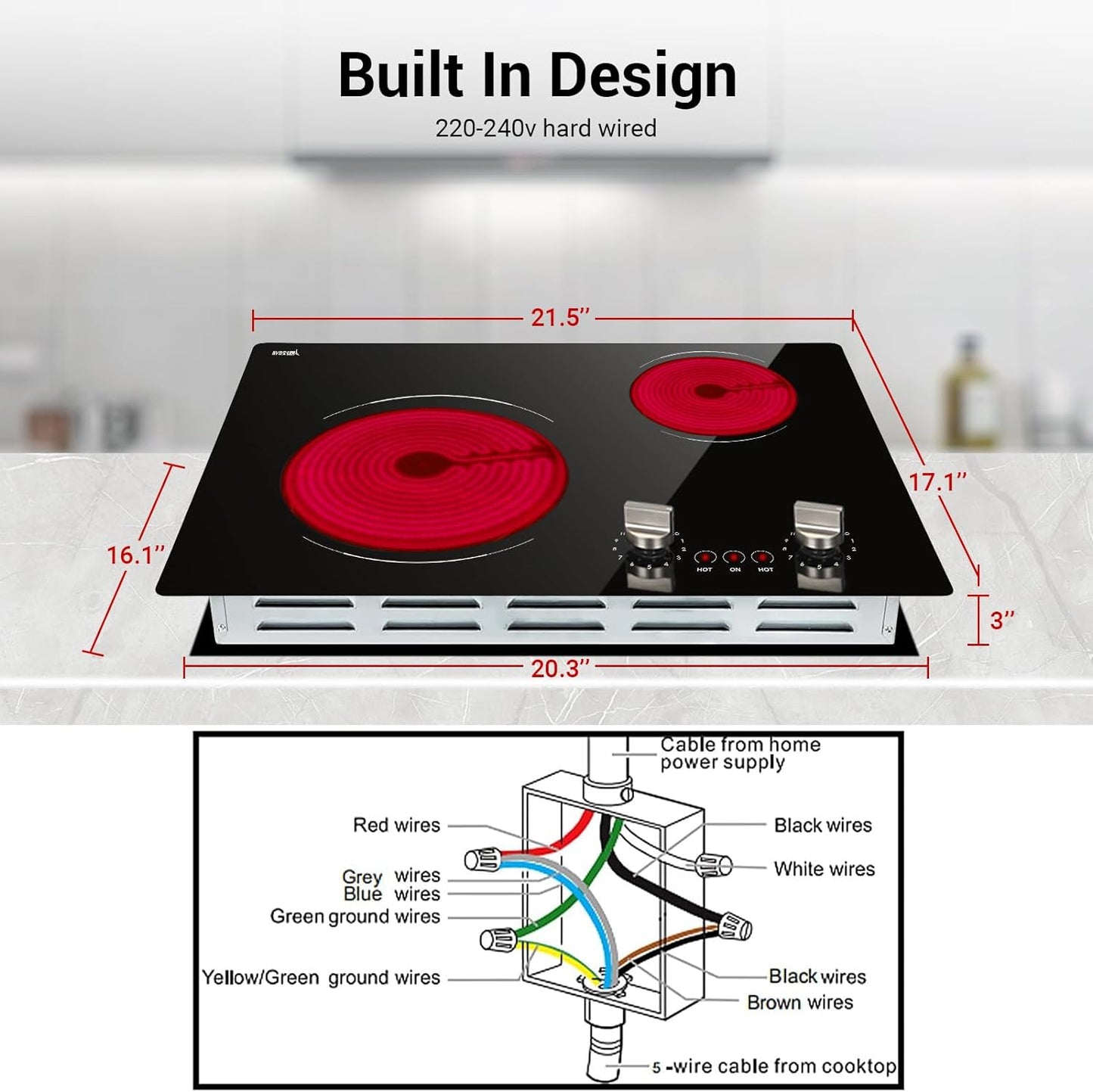 Electric Cooktop 2 Burner, 21 Inch Double Electric Stove Top Mechanical Knob Control Built-in 3700W Large Ceramic Stove Top, 9 Heating Level, 220-240V, Hard Wired,Overheating Protection