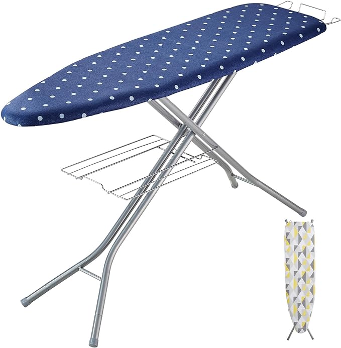 VEVOR Ironing Board with Bottom Storage Tray, Thickened 4 Layers Iron Board with Heat Resistant Cover and 100% Cotton Cover, 10 Adjustable Heights Ironing Board for Home Laundry Room Use (Size 55x15)